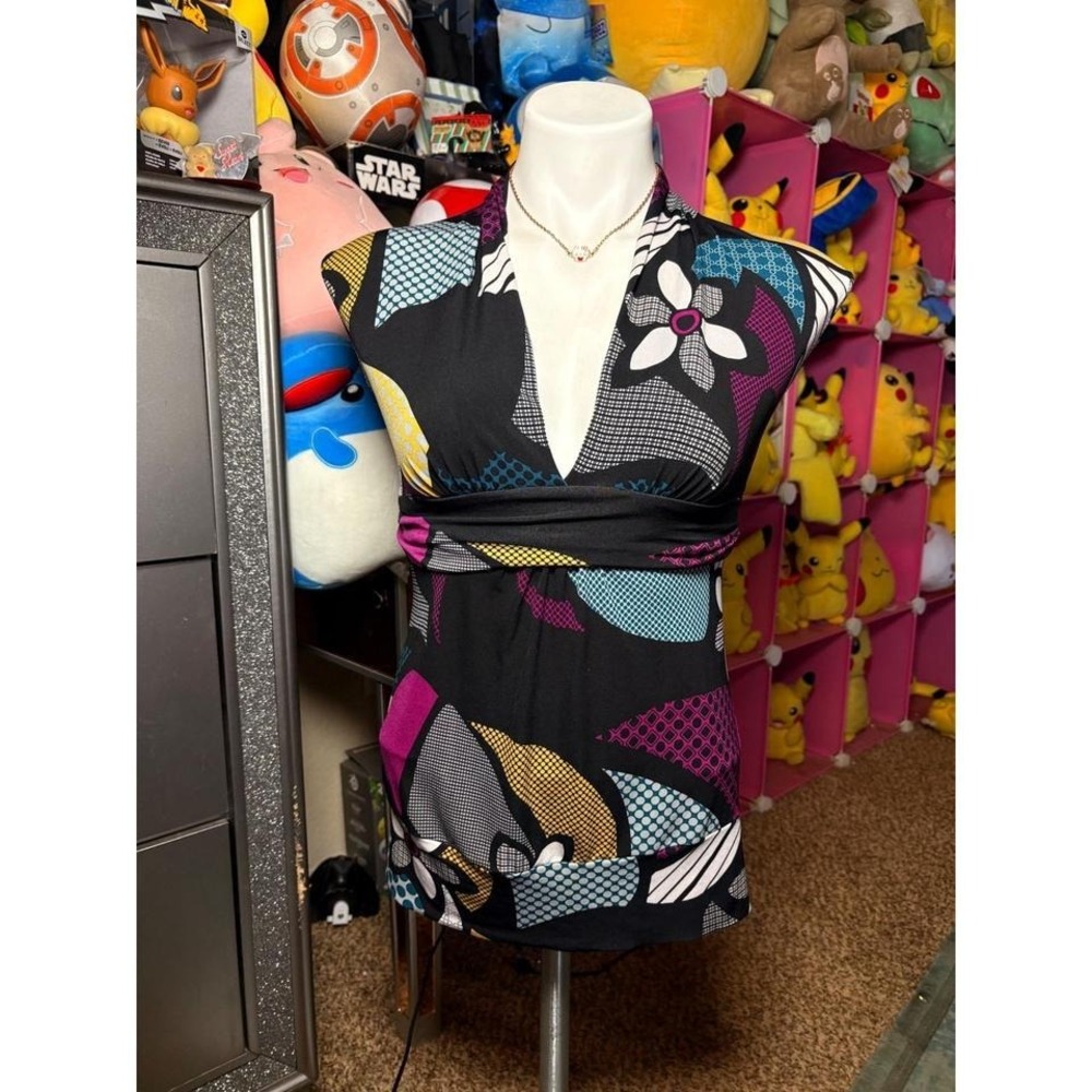 Y2K Candie's Women Multicolor Abstract Floral Halter V-Neck Sleeveless Top S #2